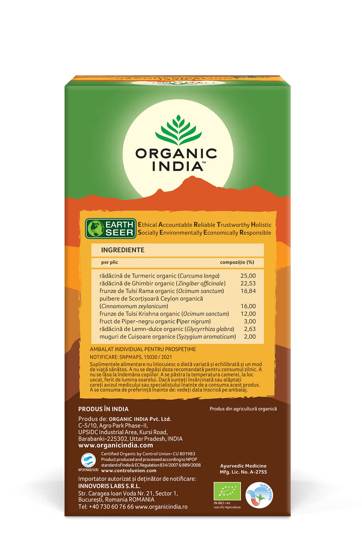 Ceai adaptogen turmeric si ghimbir, bio, 25 plicuri, organic india