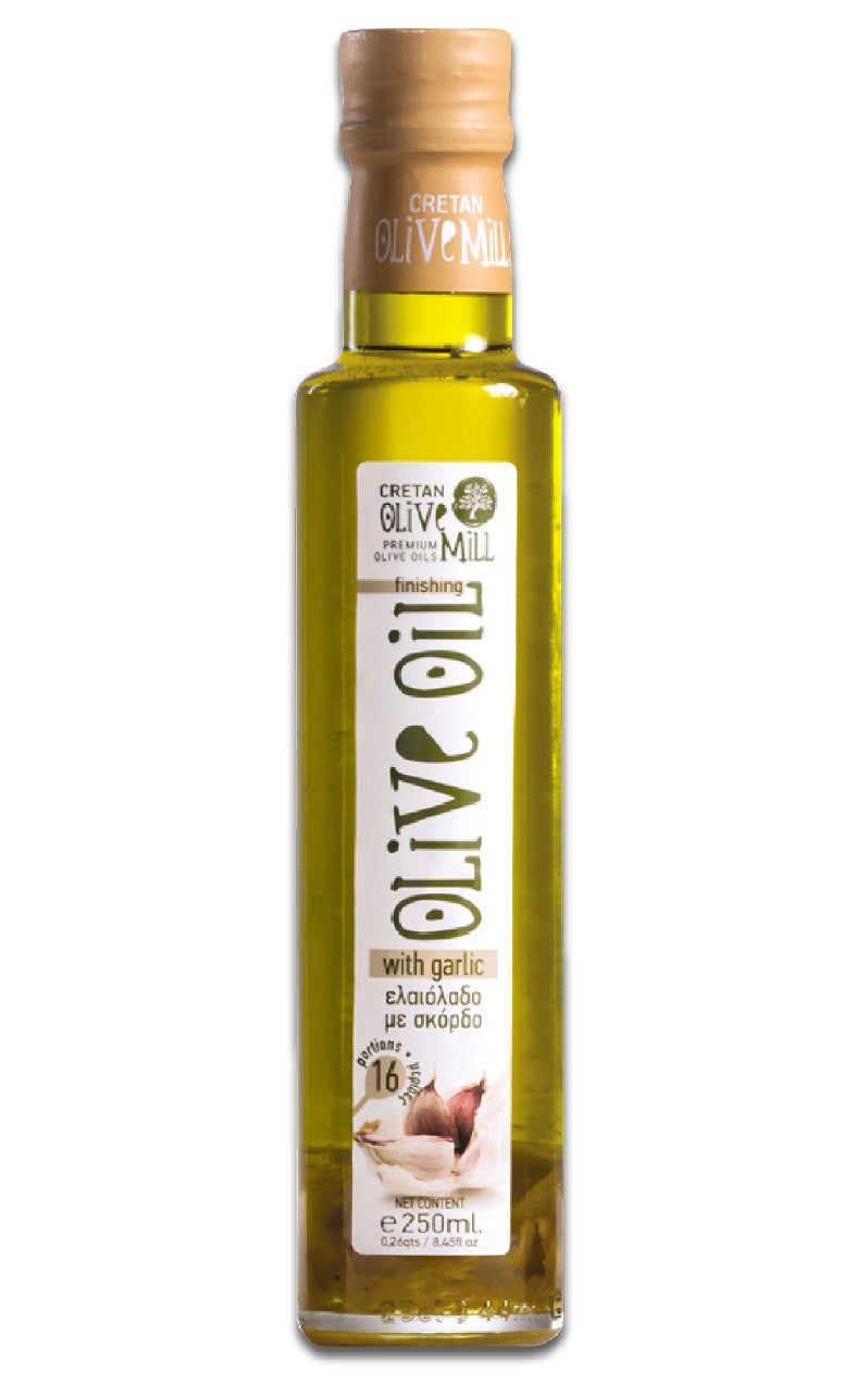 Ulei de măsline extravirgin cu usturoi, 250ml, etichetă albă și capac maro.