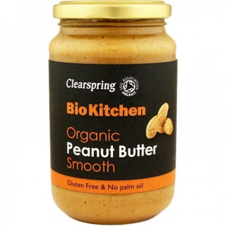 Unt Arahide Crema Clearspring 350g, borcan cu etichetă neagră și logo BioKitchen, vegan, fără gluten.
