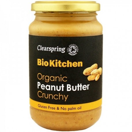 Unt Arahide Crocant Bio Clearspring 350g, borcan sticlă, etichetă neagră cu arahide desenate.