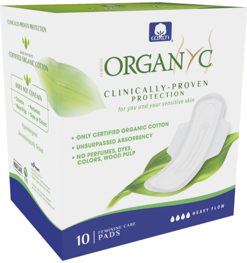 Absorbante intime noapte din bumbac organic Organyc, 10 bucăți, cutie verde cu alb.