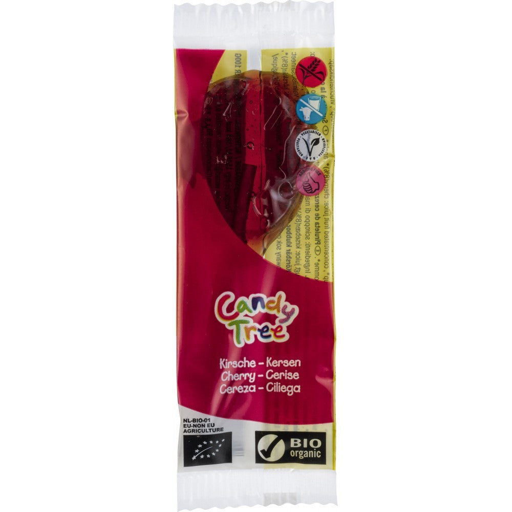 Acadele ecologice Cherry Candy Tree fără gluten 13g, în ambalaj roșu cu inscripții bio.
