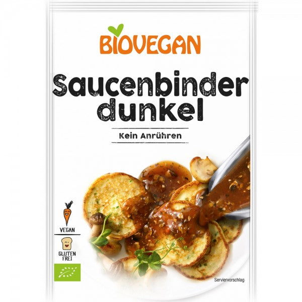 Agent de îngroșare gluten-free Biovegan, 100g, ambalaj alb-negru cu imagine sos brun pe mâncare.
