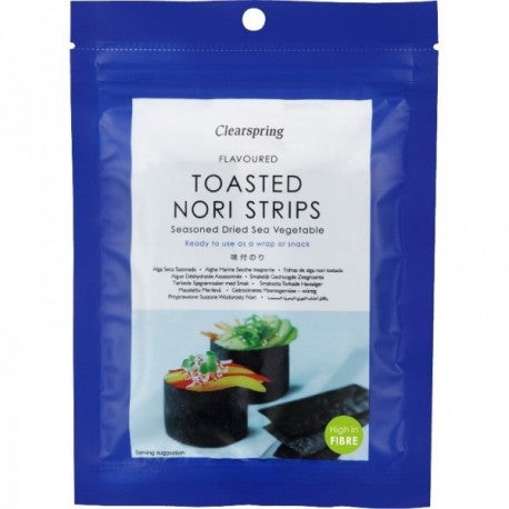 Clearspring Alge Nori Condimentate 13.5g, pachet albastru, ingrediente naturale.