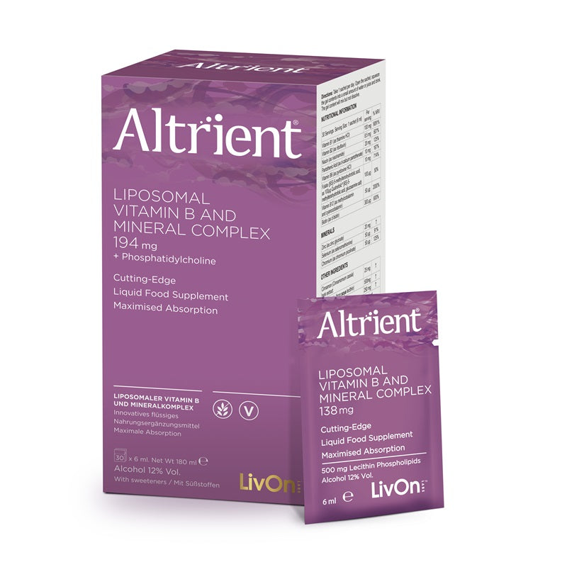 Supliment Altrient B 30 pliculețe, cutie și plic mov, formulă lipozomală pentru absorbție maximă.