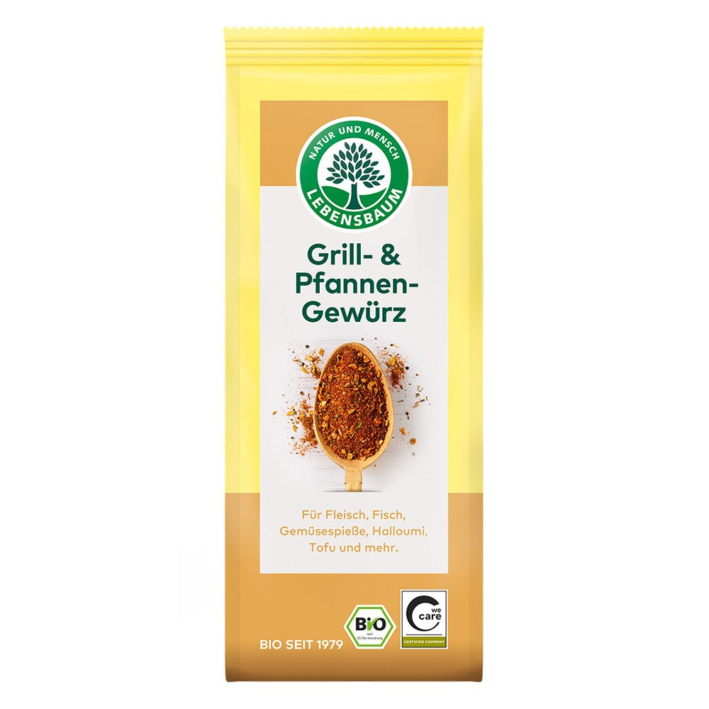 Amestec bio condimente grill Lebensbaum, 50g, ambalaj galben, lingură cu mirodenii.