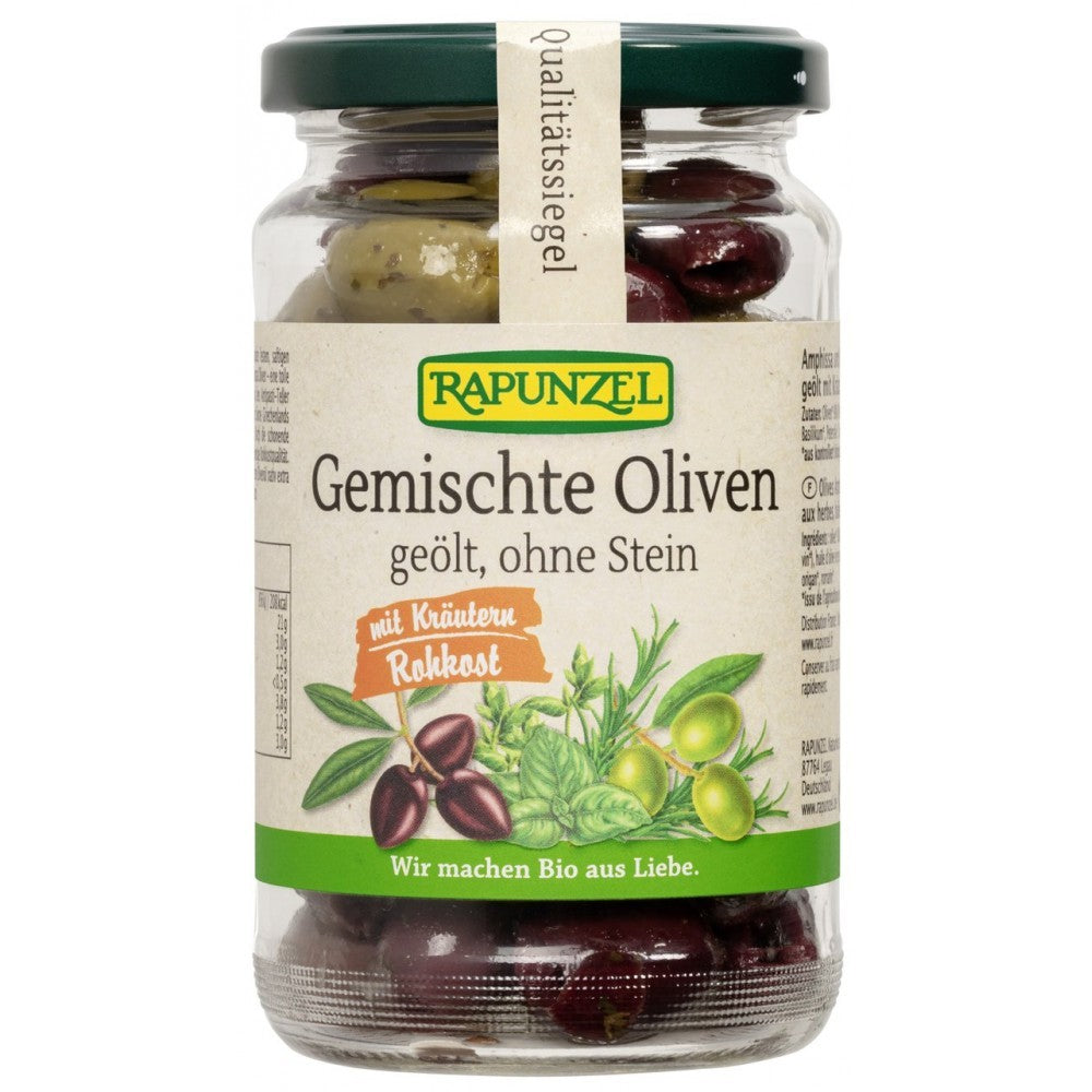 Amestec de masline uleiate cu ierburi fara samburi 170g Rapunzel