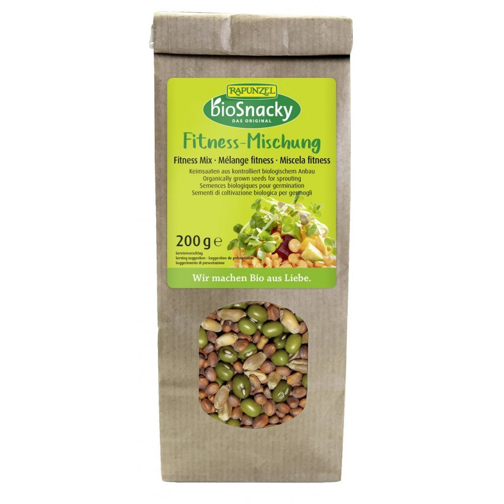 Amestec Fitness bio BioSnacky Rapunzel 200g, semințe pentru germinat, ambalaj maro cu fereastră.