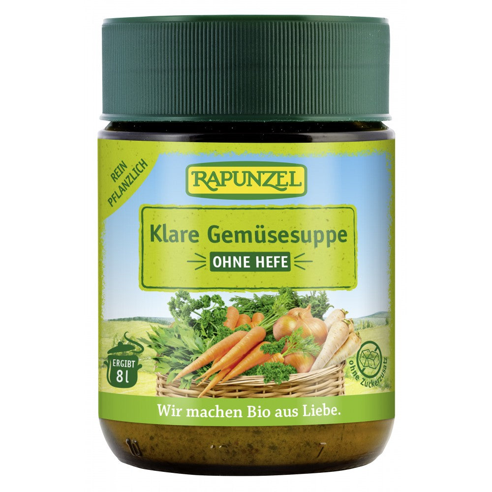 Amestec de legume bio pentru supă clară Rapunzel 140g, cu morcovi și ceapă, fără drojdie.