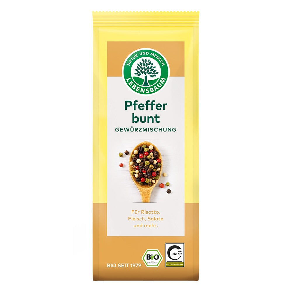 Amestec de piper boabe eco Lebensbaum, pungi galbene 50g, diverse culori.
