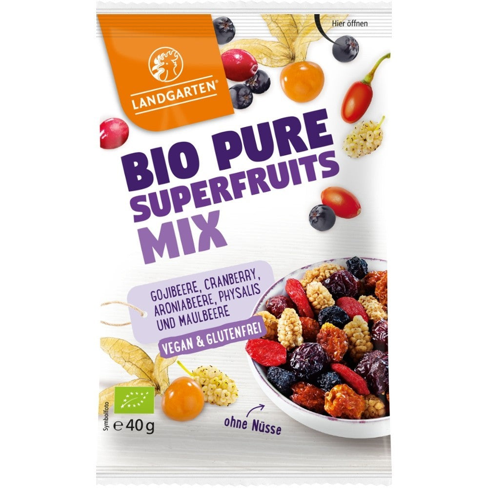 Pungă Landgarten cu amestec bio superfructe, 40g, mix colorat goji, merișoare, aronie, physalis, mure.