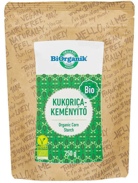 Amidon din porumb bio 250g Biorganik, ambalaj maro-verde eco, etichetă verde alb.