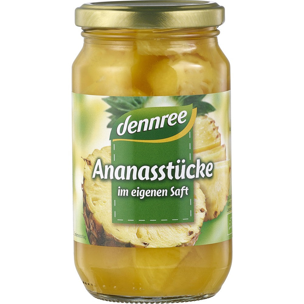 Bucăți de ananas bio 350g Dennree în suc propriu, borcan sticlă cu etichetă verde.