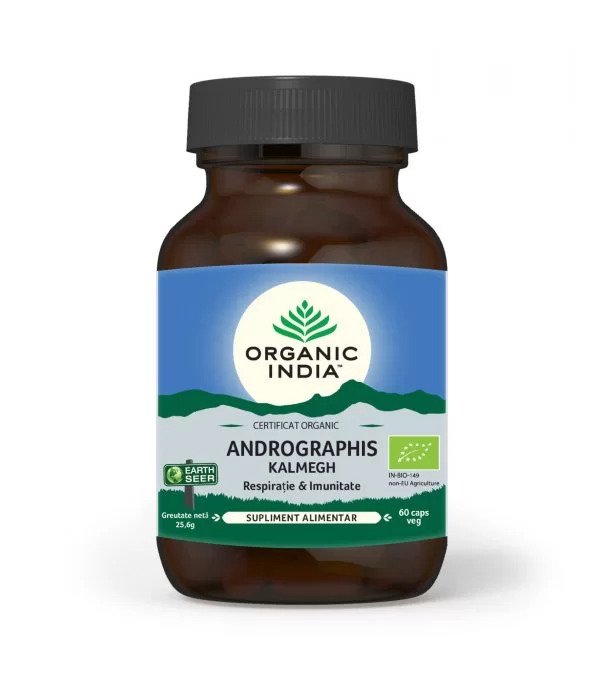 Supliment organic Andrographis, ambalaj maro, capac negru, etichetă albastră-verde, 60 capsule.