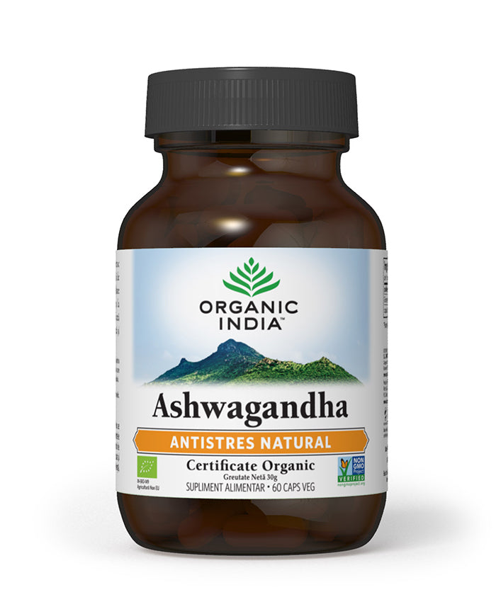 Ashwagandha antistres, 60 capsule vegetale, Organic India, borcan maro cu capac negru.