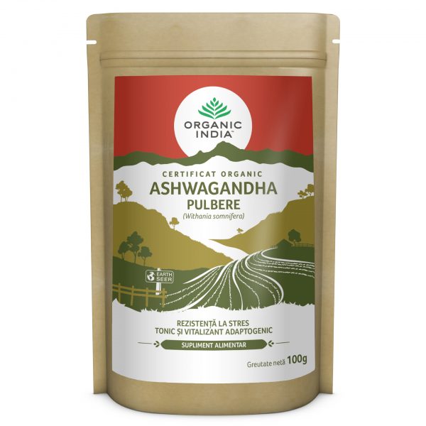 Pulbere Ashwagandha Organic India, 100g, supliment antistres, ambalaj carton maro.