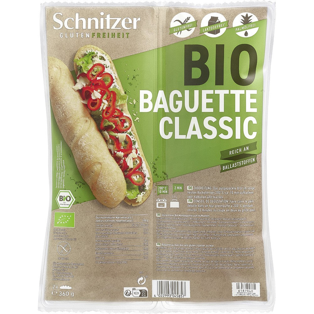 Bagheta clasica fara gluten Schnitzer 360g, ambalaj verde, bio, ingrediente naturale.