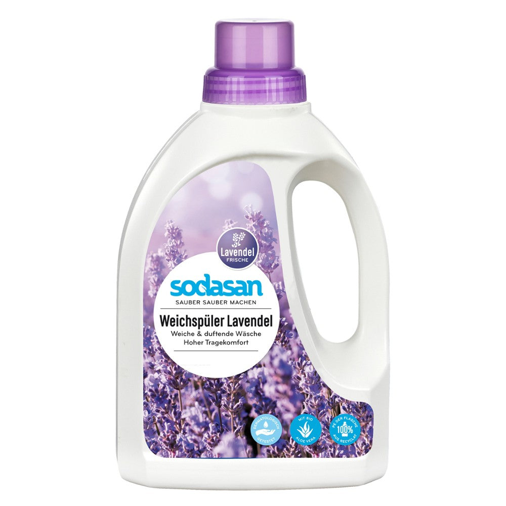 Balsam bio rufe lavandă Sodasan 750ml, ambalaj alb cu capac violet și imagine lavandă.