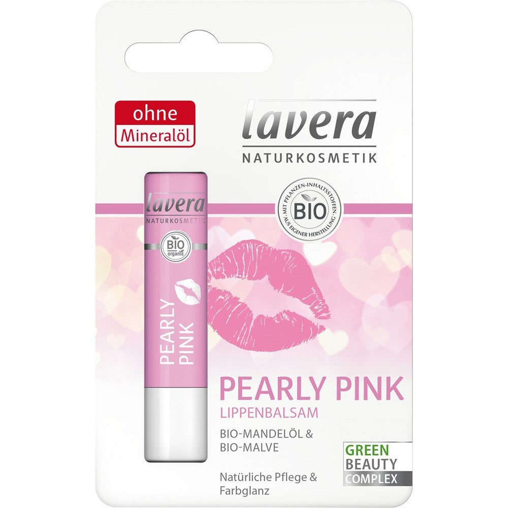 Balsam de buze Lavera Pearly Pink, 4.5g, cu ulei de migdale și nalbă, ambalaj roz, etichetă bio.