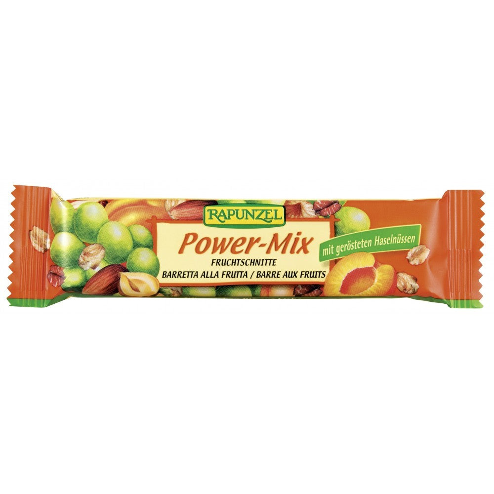 Baton bio Power Mix Rapunzel 40g cu fructe uscate, nuci și semințe pe ambalaj portocaliu și verde.