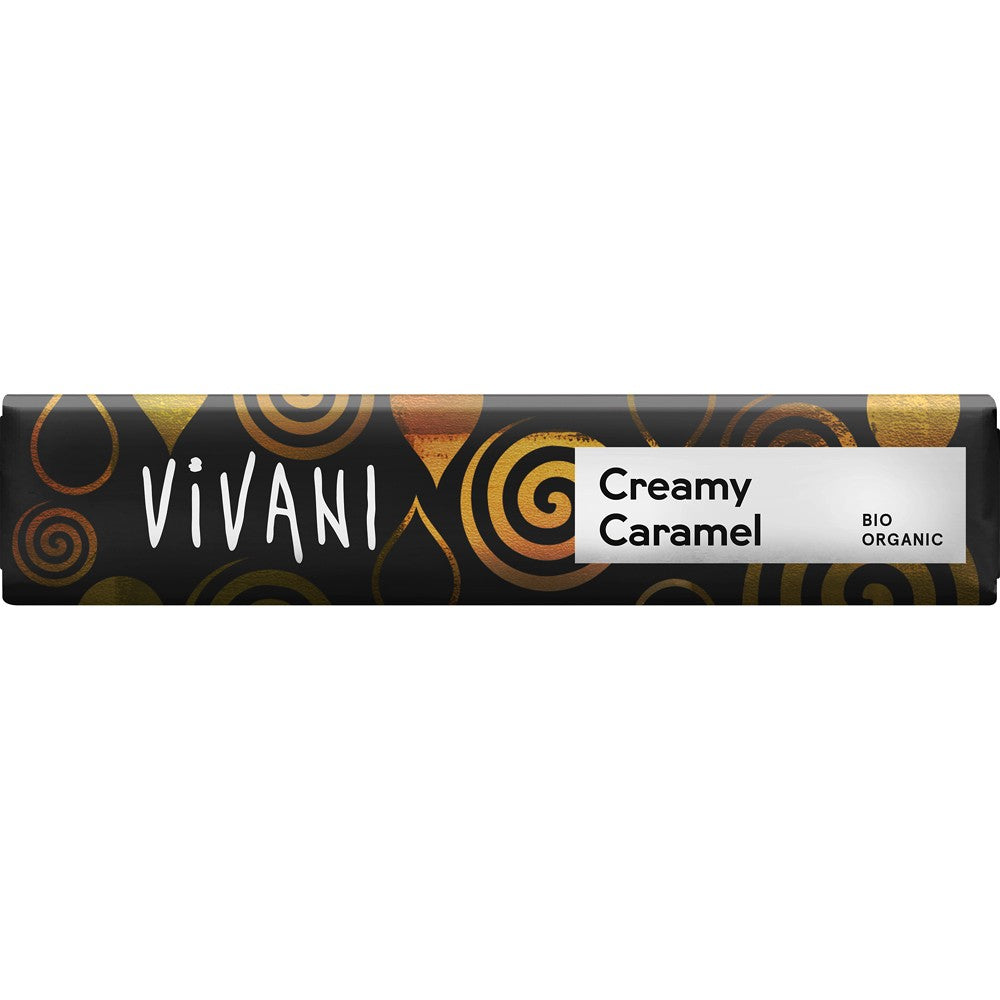 Baton ciocolată Vivani cu caramel cremos, ambalaj negru cu motive aurii, 40g, bio organic.