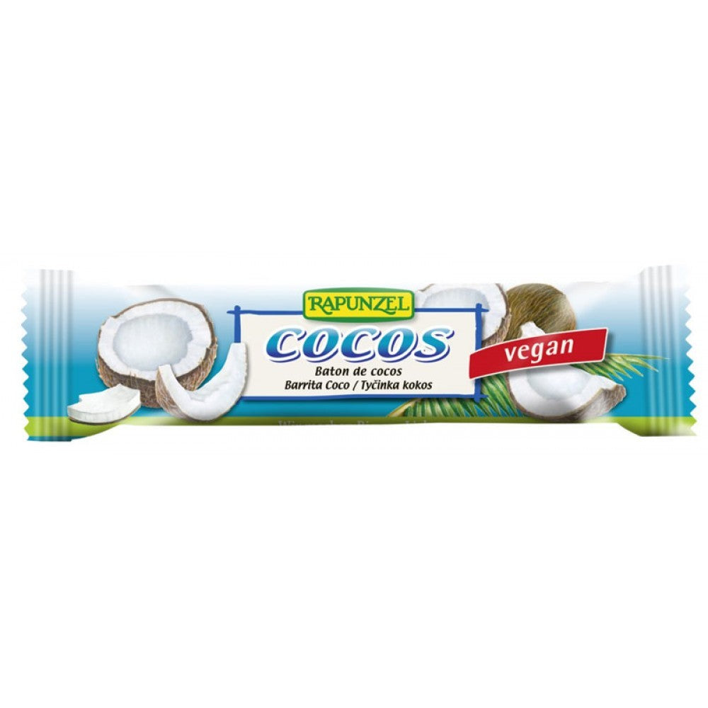 Baton de cocos bio Rapunzel 40g, ambalaj albastru cu imagine nucă de cocos și etichetă vegan.