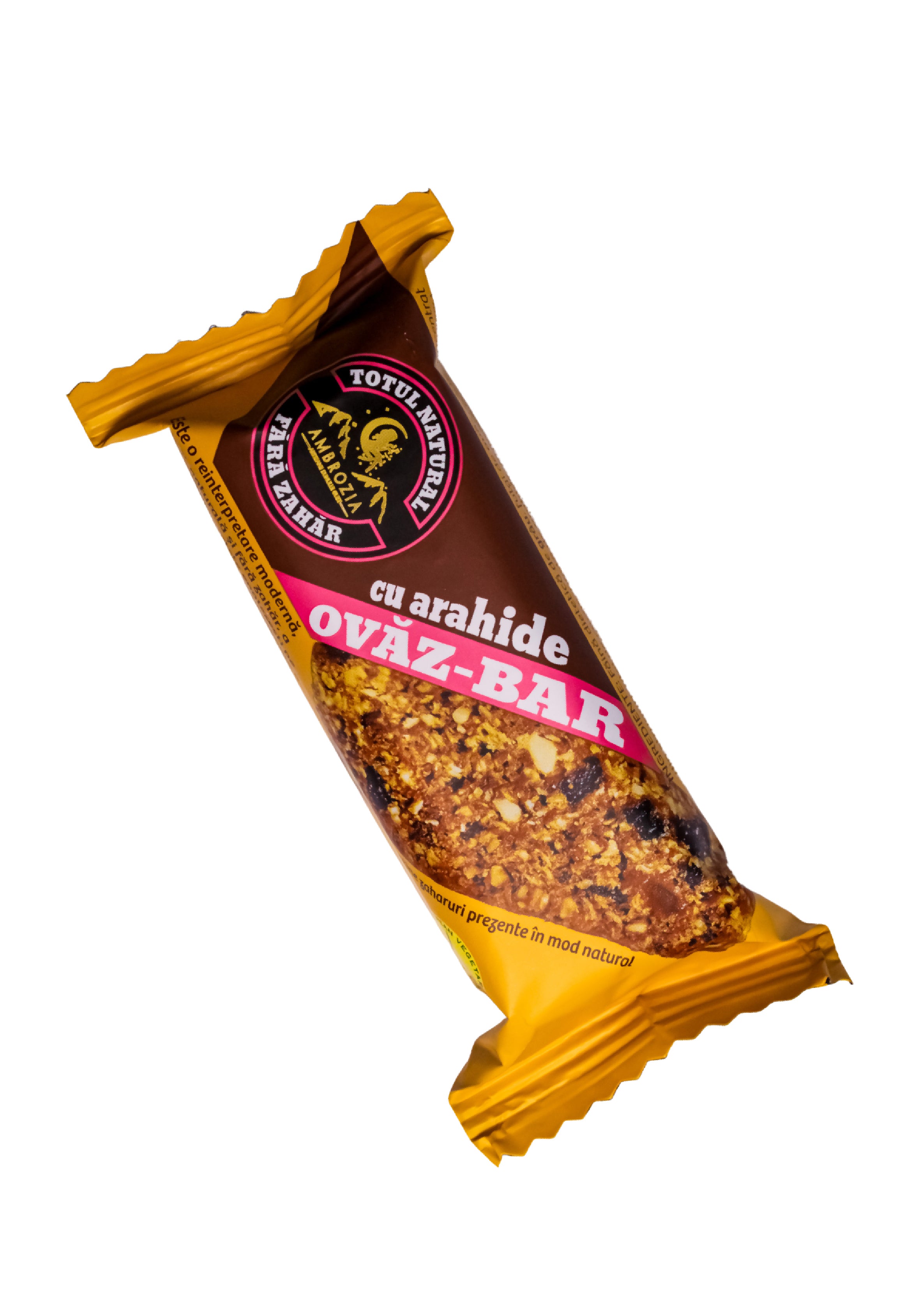 Baton Ambrozia ovăz, arahide, fructe uscate fără zahăr 60g, ambalaj maro-galben.