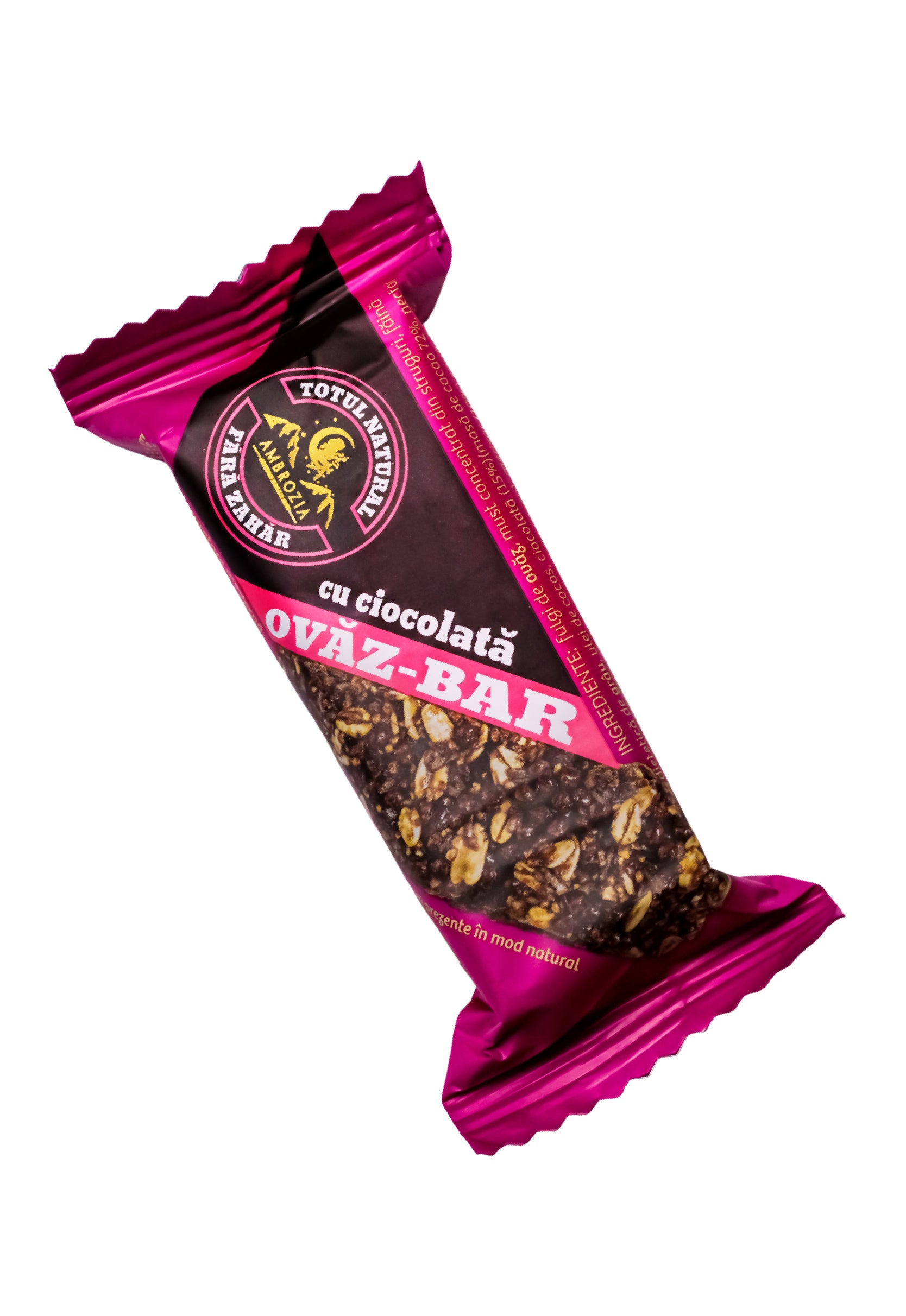 Baton din ovăz, merișor și ciocolată, ambalaj roșu intens, Ambrozia, 60g.