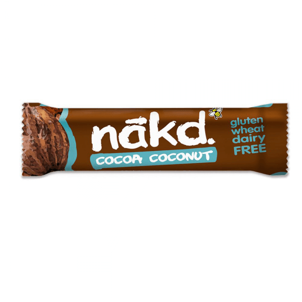 Baton Raw Cocoa Coconut Nakd, ambalaj maro cu alb și turcoaz, fără gluten.