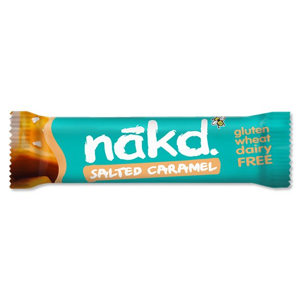 Baton Raw Nakd Salted Caramel fără gluten în ambalaj turcoaz-alb, 35g.