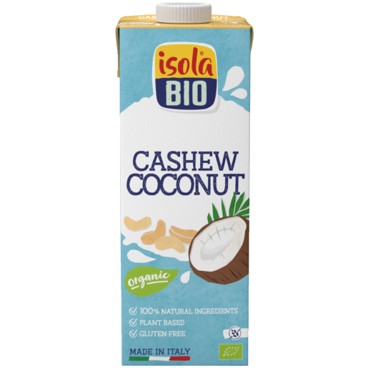 Băutură bio din caju și cocos Isola Bio, carton albastru-verde, 1L, fără gluten, ingrediente 100% naturale.