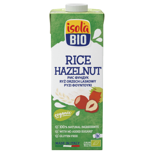 Băutură bio din orez cu alune, 1000ml, fără gluten, ambalaj verde și alb, Isola Bio.