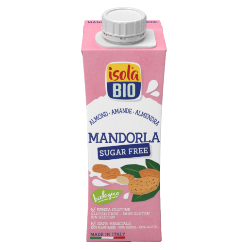 Băutură de migdale bio Isola, fără gluten, fără zahăr, 250ml, ambalaj roz.