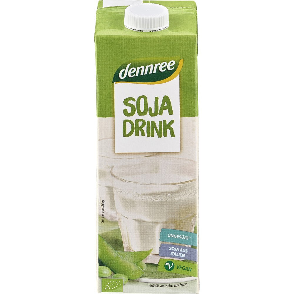 Băutură de soia organică Dennree 1L, carton verde și alb, fără zahăr.
