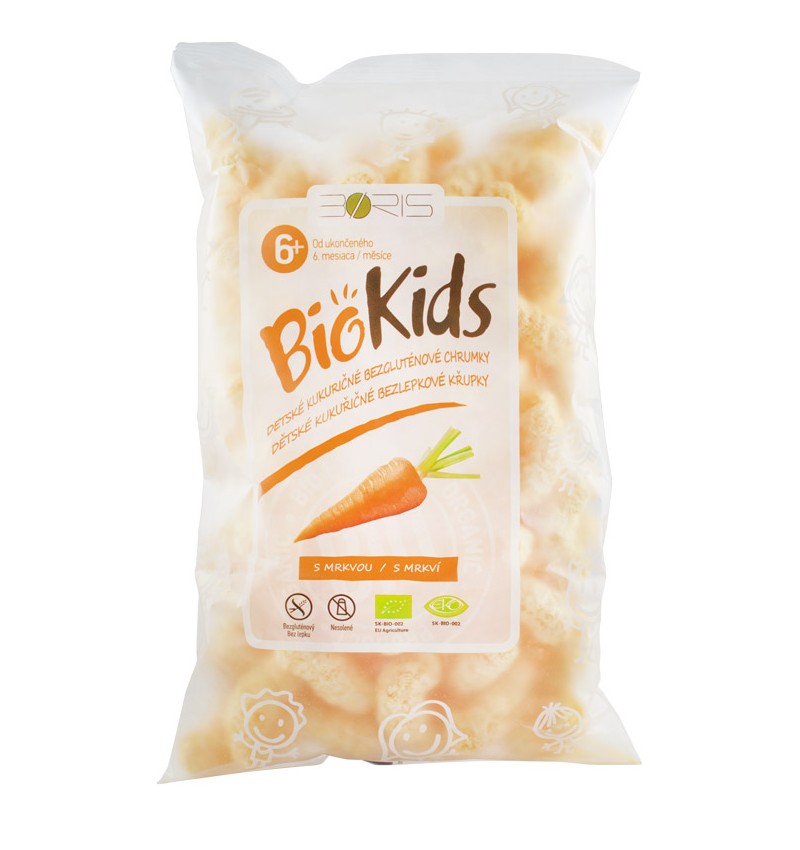 Biokids pufuleti bio cu morcovi, 55g, ambalaj transparent cu design portocaliu și elemente albe.