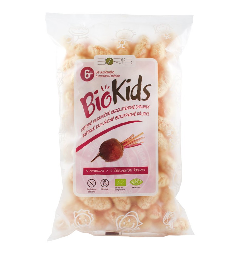 Biokids - pufuleti bio cu sfeclă roșie, ambalaj 55g pentru copii 6+ luni. Fără sare, fără gluten.