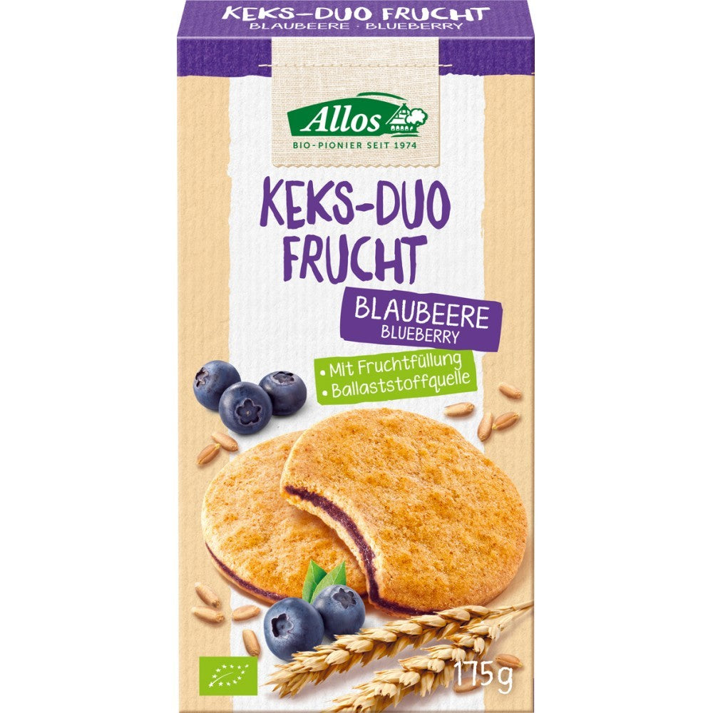 Biscuiți bio cu cremă de afine Allos, 115g, ingrediente naturale, imagine ambalaj.