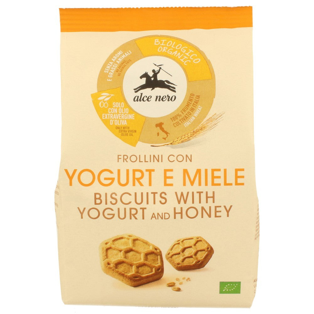 Pachet Biscuiți Bio Alce Nero cu iaurt și miere, 250g, sigiliu auriu, etichetă portocalie.