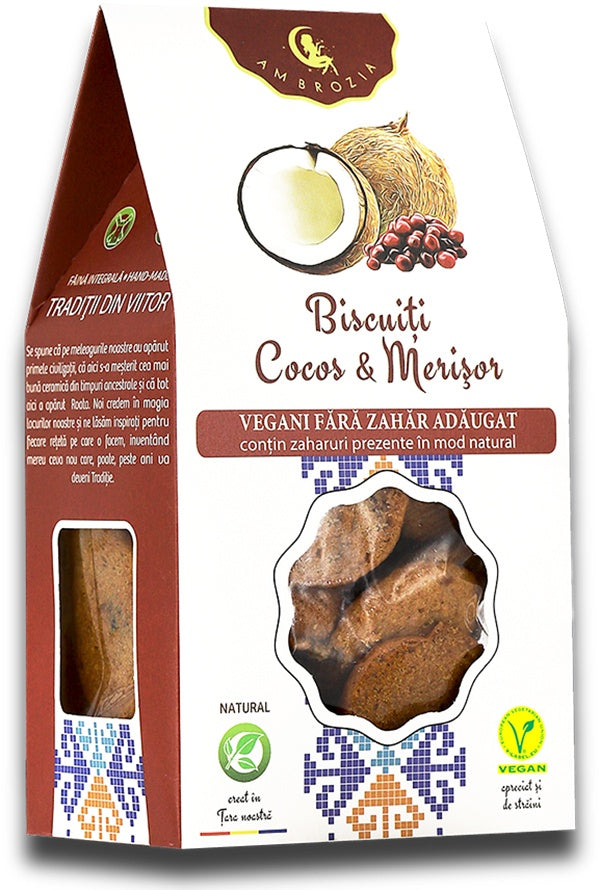 Biscuiți cu cocos și merișor fără zahăr adăugat, vegani, 130g, Ambrozia.
