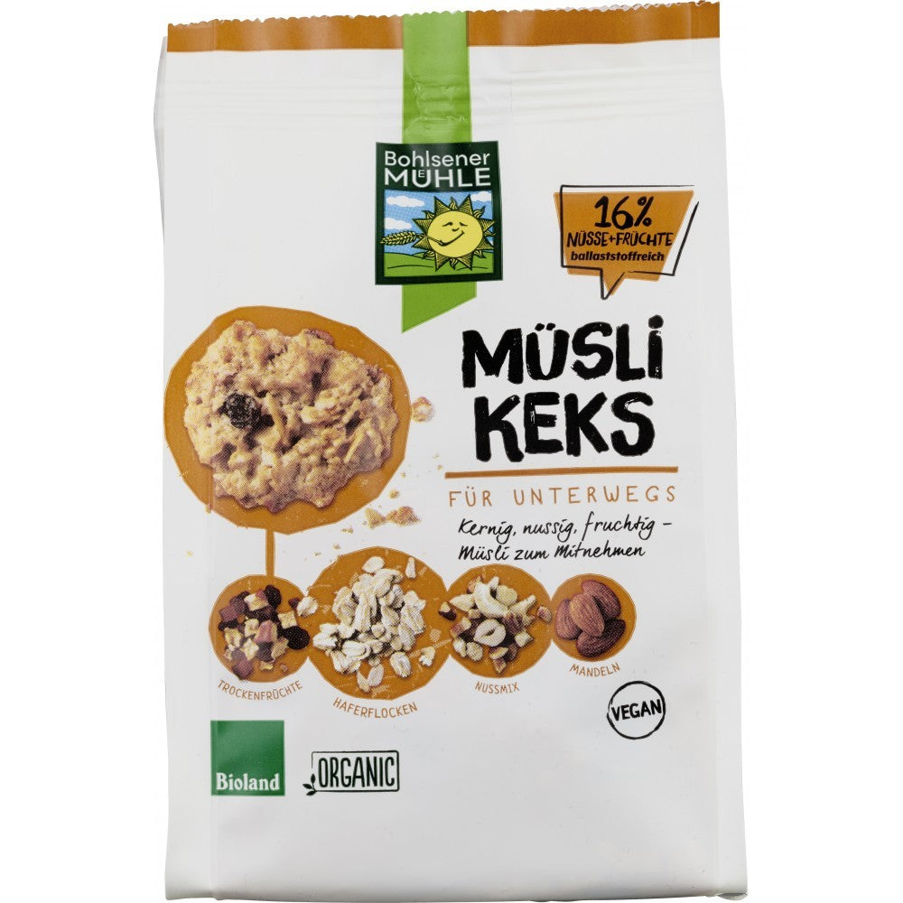 Biscuiți cereale bio Bohlsener Muehle 150g, ambalaj alb cu imagine muesli, logo Bioland.