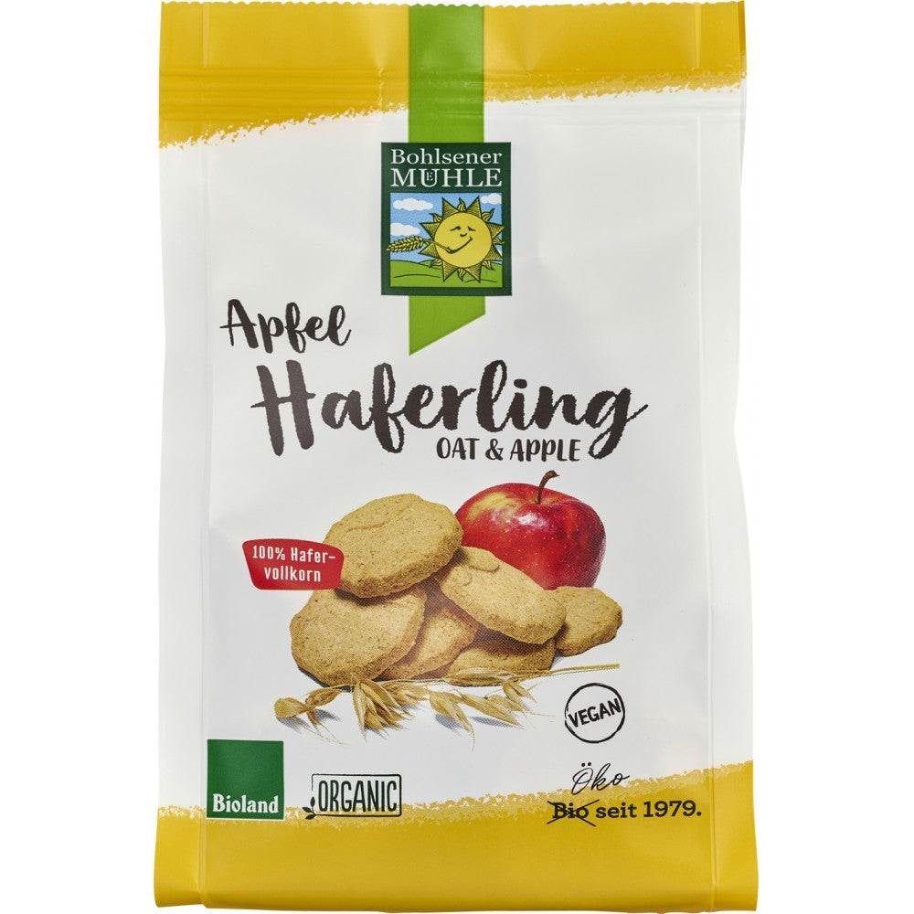 Biscuiți din ovăz cu mere bio Bohlsener Muehle 125g, ambalaj alb-galben cu imagine biscuiți și măr.