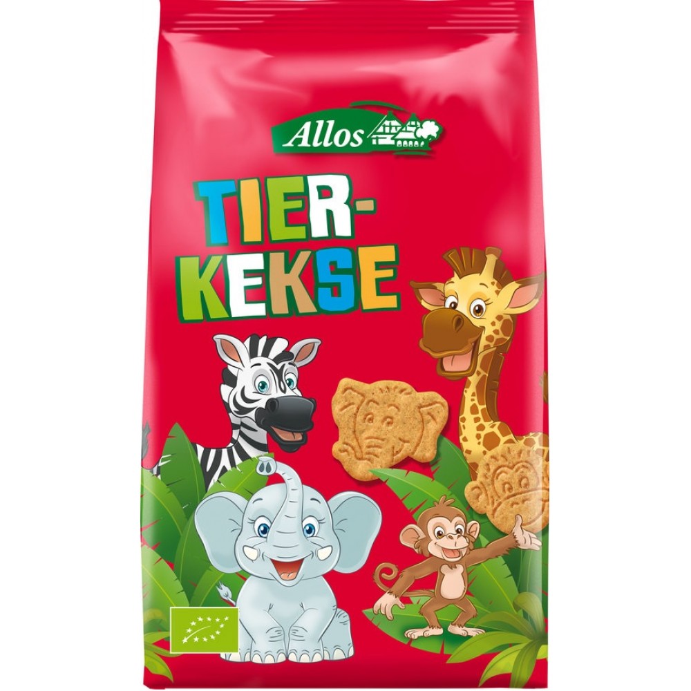 Biscuiți Safari Allos 150g, pachet roșu, forme animale distractive, bio.