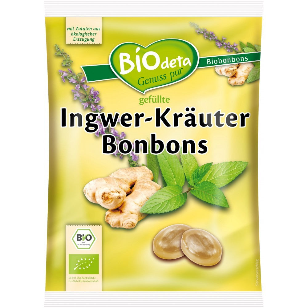 Bomboane bio cu ghimbir BIOdeta 75g, ambalaj verde, rădăcini și frunze de ghimbir, logo BIO.