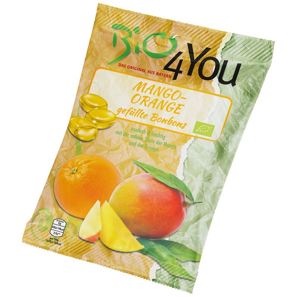 Bomboane bio cu mango și portocală Bio4You, ambalaj colorat, 75g.