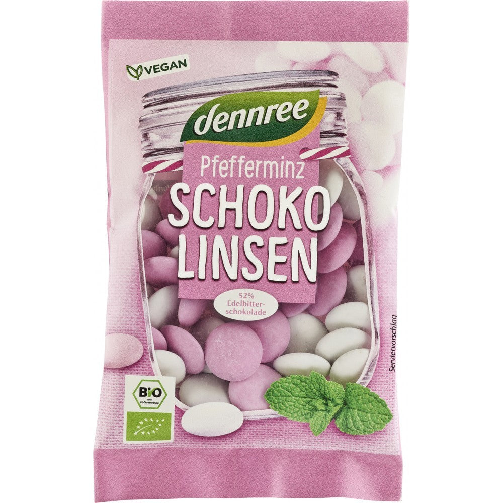 Bomboane menta ciocolata amaruie eco dennree, punga roz, 100g, 52% cacao, ciocolata neagra, vegan, bio.