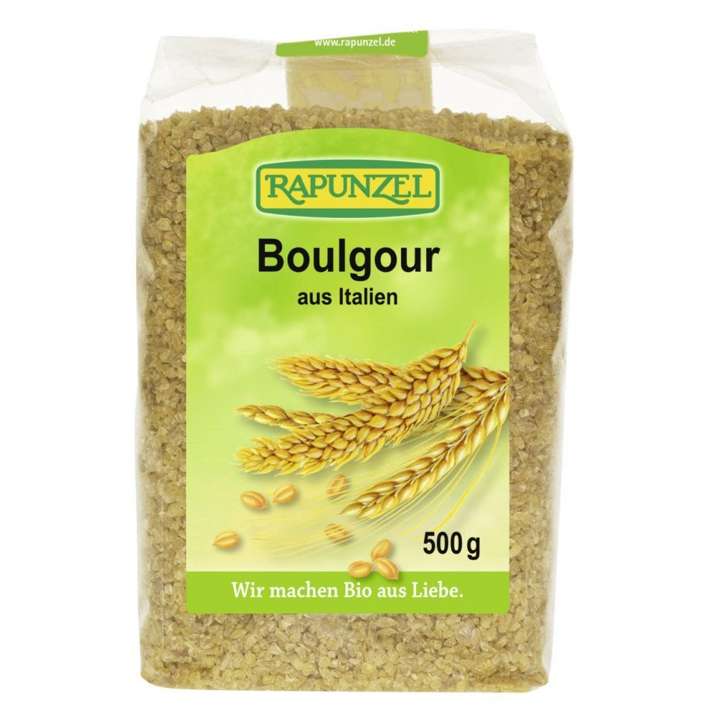 Bulgur bio Rapunzel 500g, ambalaj transparent, grafică spicuiri de grâu.