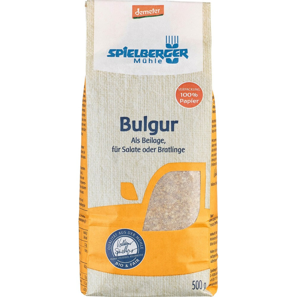 Bulgur Demeter Spielberger 500g, ambalaj ecologic, culori alb-albastru-portocaliu, grafică clară.