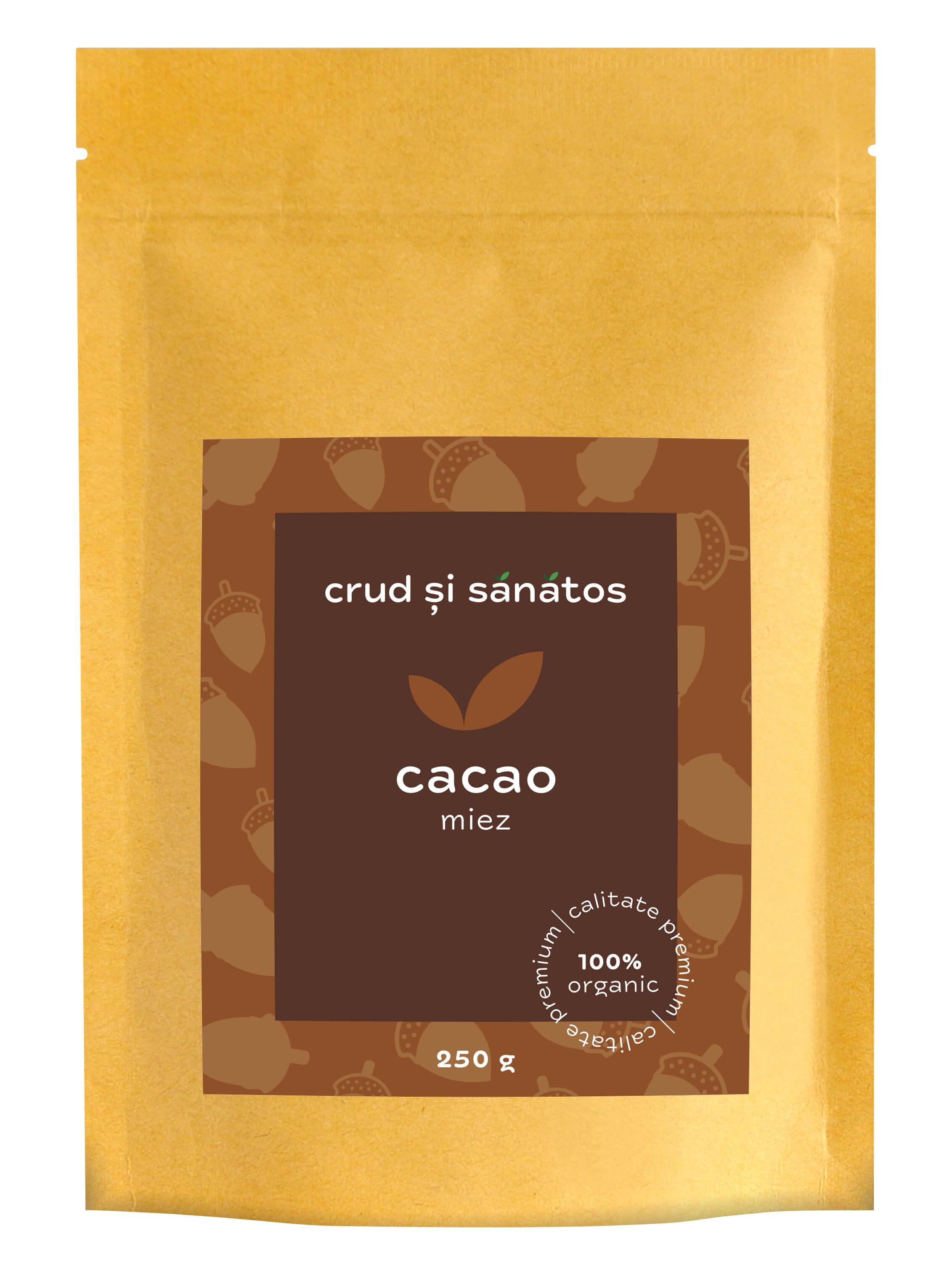 Pachet cacao criollo bio, crud și sănătos, 250g, ambalaj galben și maro.
