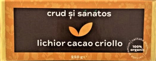 Lichior de cacao criollo bio, 250g, ambalaj maro cu elemente stilizate, etichetat crud și sănătos.