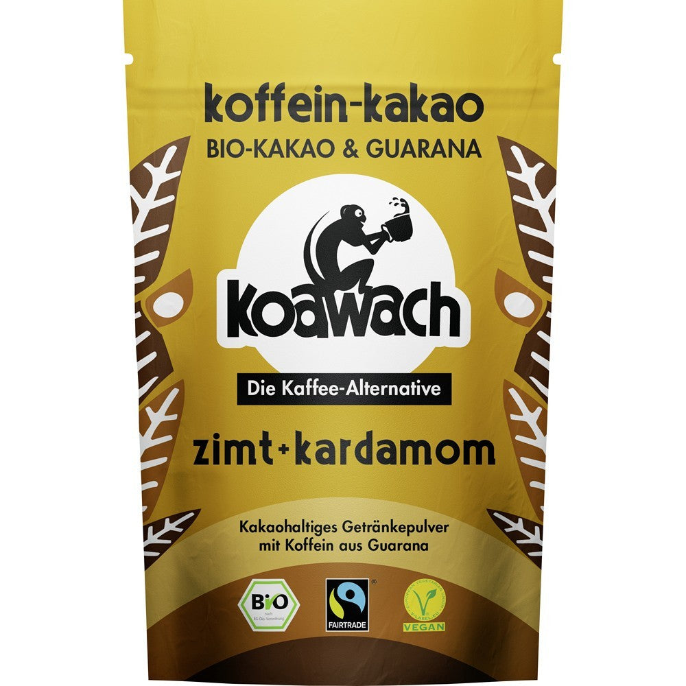 Pudră cacao Koawach cu guarana, scorțișoară și cardamom, ambalaj galben.